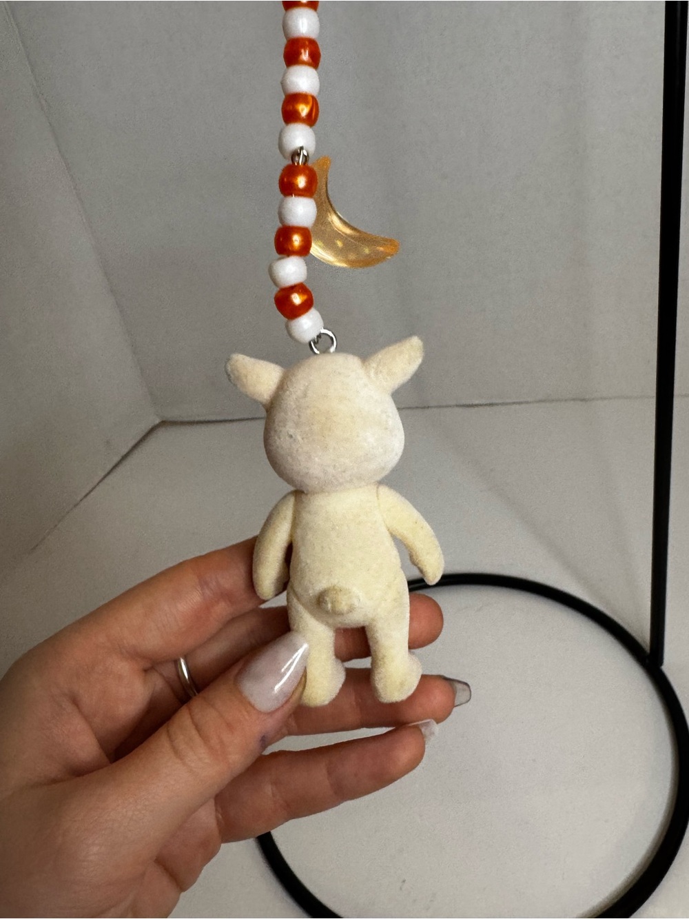 Beige Plush Animal Keychain with Orange Beads and Moon Charm - Picture 6 of 6